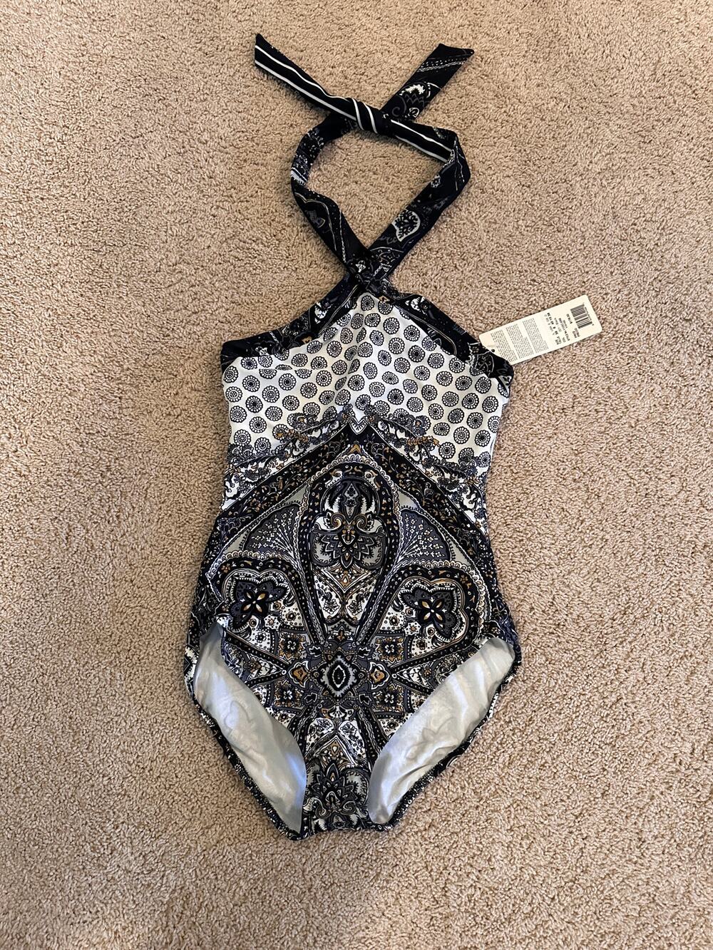 NWT Gottex Black Gold and White Pattern One Piece Swimsuit